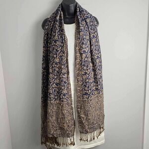 H&M Paisley Jacquard Oversized Scarf Shawl Wrap with Fringe Trim Large Brown